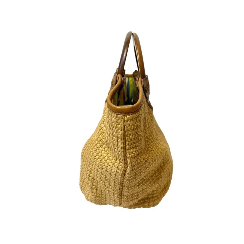 Vintage Fossil Tan Woven Straw Wood Handles Small Satchel Tote Bag Y2K 90’s Boho